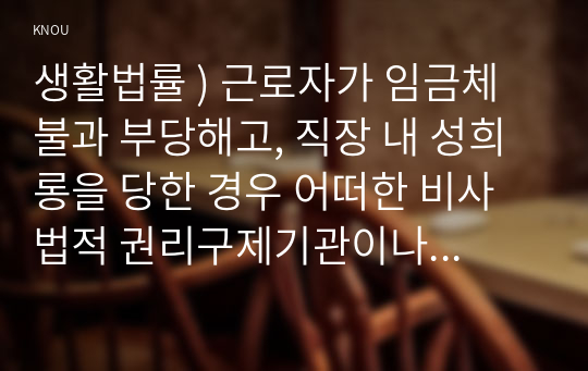 생활법률 ) 근로자가 임금체불과 부당해고, 직장 내 성희롱을 당한 경우 어떠한 비사법적 권리구제기관이나 법률구조기관을 활용할 수 있는지에 관하여 간략히 서술하시오.