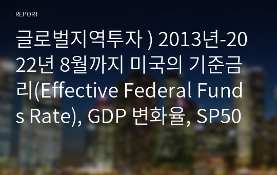 글로벌지역투자 ) 2013년-2022년 8월까지 미국의 기준금리(Effective Federal Funds Rate), GDP 변화율, SP500 지수 등의 추이를 각각 그래프로 그리시오.