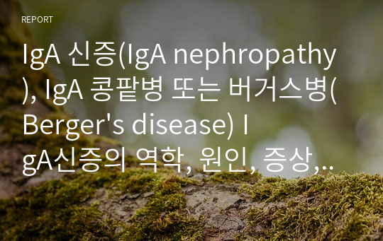 IgA 신증(IgA nephropathy), IgA 콩팥병 또는 버거스병(Berger&#039;s disease) IgA신증의 역학, 원인, 증상, 병리소견, 치료, 예후 사구체 질환의 일반적 치료(합병증 관리, 면역억제제 치료)에 대한 설명 일차 의료기관에서 상급병원으로 전원 필요한 상황 포함