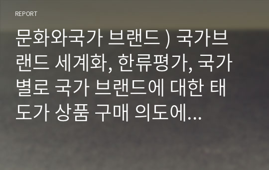 문화와국가 브랜드 ) 국가브랜드 세계화, 한류평가, 국가 별로 국가 브랜드에 대한 태도가 상품 구매 의도에 미치는 영향