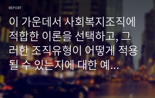 이 가운데서 사회복지조직에 적합한 이론을 선택하고, 그러한 조직유형이 어떻게 적용될 수 있는지에 대한 예시와, 실제 적용되었을 때 나타날 수 있는 유용성과 한계점을 각각 제시해 봅시다.