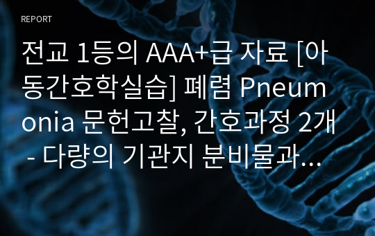 전교 1등의 AAA+급 자료 [아동간호학실습] 폐렴 Pneumonia 문헌고찰, 간호과정 2개 - 다량의 기관지 분비물과 관련된 비효율적 호흡양상, 감염과 관련된 고체온