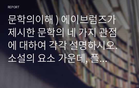 문학의이해 ) 에이브럼즈가 제시한 문학의 네 가지 관점에 대하여 각각 설명하시오. 소설의 요소 가운데, 플롯의 개념과 여러 유형에 대하여 서술하시오. 희극과 비극의 차이를 인물의 특성을 중심으로 설명하시오.