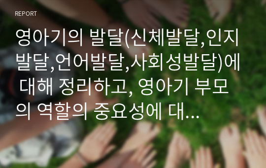 영아기의 발달(신체발달,인지발달,언어발달,사회성발달)에 대해 정리하고, 영아기 부모의 역할의 중요성에 대한 자신의 생각을 서술하세요.