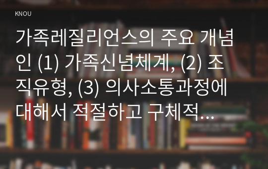 가족레질리언스의 주요 개념인 (1) 가족신념체계, (2) 조직유형, (3) 의사소통과정에 대해서 적절하고 구체적인 예시를 들어 서술하시오.