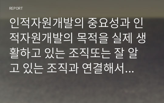 인적자원개발의 중요성과 인적자원개발의 목적을 실제 생활하고 있는 조직또는 잘 알고 있는 조직과 연결해서 서술하시오 (2)