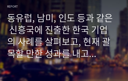 동유럽, 남미, 인도 등과 같은 신흥국에 진출한 한국 기업의 사례를 살펴보고, 현재 괄목할 만한 성과를 내고 있는지 평가하시오