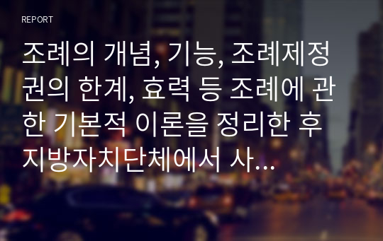 조례의 개념, 기능, 조례제정권의 한계, 효력 등 조례에 관한 기본적 이론을 정리한 후 지방자치단체에서 사회복지와