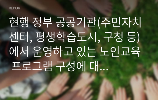 현행 정부 공공기관(주민자치센터, 평생학습도시, 구청 등)에서 운영하고 있는 노인교육 프로그램 구성에 대한 분석 및 개선점을 파악해주시기 바랍니다.