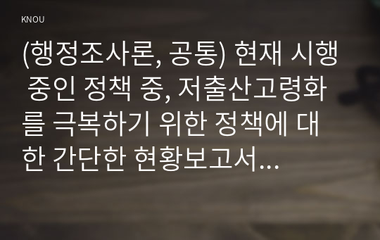 (행정조사론, 공통) 현재 시행 중인 정책 중, 저출산고령화를 극복하기 위한 정책에 대한 간단한 현황보고서를 작성해보자.