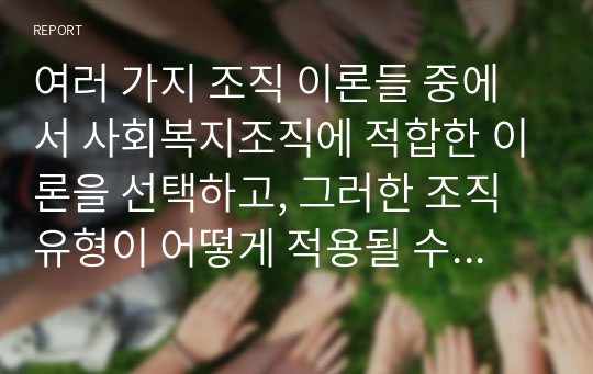 여러 가지 조직 이론들 중에서 사회복지조직에 적합한 이론을 선택하고, 그러한 조직유형이 어떻게 적용될 수 있는지에 대한 예시와, 실제 적용되었을 때 나타날 수 있는 유용성과 한계점을 각각 제시하시오.