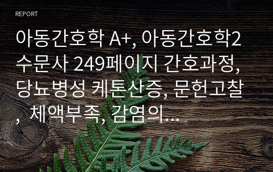 아동간호학 A+, 아동간호학2 수문사 249페이지 간호과정, 당뇨병성 케톤산증, 문헌고찰,  체액부족, 감염의 위험, 지식부족 간호사정, 간호진단, 간호목표, 간호계획