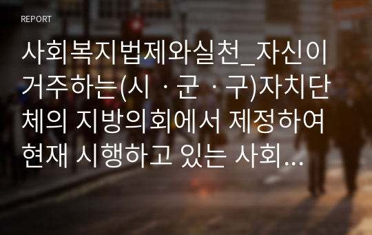 사회복지법제와실천_자신이 거주하는(시ㆍ군ㆍ구)자치단체의 지방의회에서 제정하여 현재 시행하고 있는 사회복지관련 조례1개를 조사하고, 조사한 조례의 각 조항에 입각한 조례의 문제점과 개선점에 대해 자신의 의견을 기술하시오.