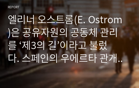 엘리너 오스트롬(E. Ostrom)은 공유자원의 공동체 관리를 ‘제3의 길’이라고 불렀다. 스페인의 우에르타 관개 제도를 예로 들어 제3의 길이란 무엇인가 설명하라. 또한 어떠한 조건이 갖추어지면 제3의 길이 성공할 수 있을지에 대해 설명하라. 이를 응용한다면 우리 주위에서 공유자원의 비극을 해결하기 위해 어떤 시도가 가능할까