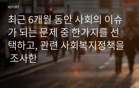 최근 6개월 동안 사회의 이슈가 되는 문제 중 한가지를 선택하고, 관련 사회복지정책을 조사한