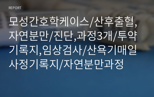 모성간호학케이스/산후출혈,자연분만/진단,과정3개/투약기록지,임상검사/산욕기매일사정기록지/자연분만과정