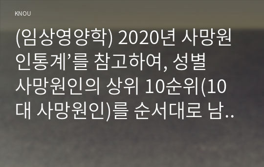 (임상영양학) 2020년 사망원인통계’를 참고하여, 성별 사망원인의 상위 10순위(10대 사망원인)를 순서대로 남녀로