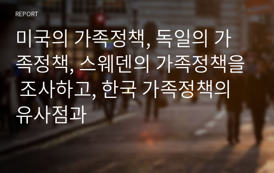 미국의 가족정책, 독일의 가족정책, 스웨덴의 가족정책을 조사하고, 한국 가족정책의 유사점과