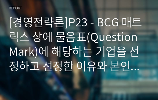 [경영전략론]P23 - BCG 매트릭스 상에 물음표(QuestionMark)에 해당하는 기업을 선정하고 선정한 이유와 본인이 생각하는 전략대안을 서술하시오0523