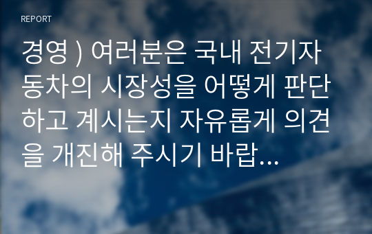 경영 ) 여러분은 국내 전기자동차의 시장성을 어떻게 판단하고 계시는지 자유롭게 의견을 개진해 주시기 바랍니다.