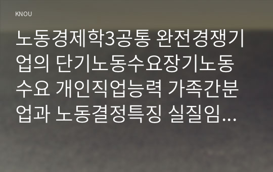 노동경제학3공통 완전경쟁기업의 단기노동수요장기노동수요 개인직업능력 가족간분업과 노동결정특징 실질임금소득불평등변화양상 기술혁신활용고용 영향서술00