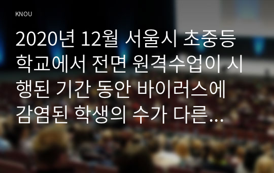 2020년 12월 서울시 초중등학교에서 전면 원격수업이 시행된 기간 동안 바이러스에 감염된 학생의 수가 다른 달에 비해 크게 높았다.