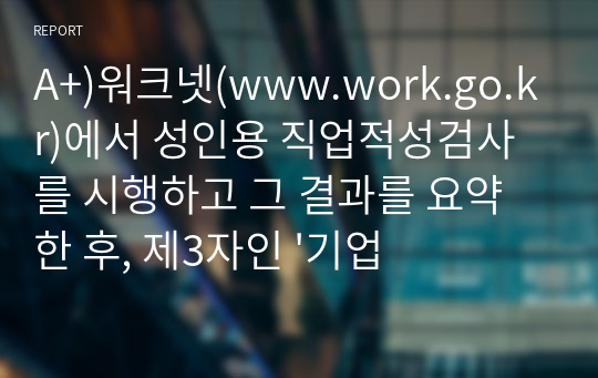 A+)워크넷(www.work.go.kr)에서 성인용 직업적성검사를 시행하고 그 결과를 요약한 후, 제3자인 &#039;기업체 인사담당자의 입장&#039;에서 본인과 직무 배치 상담을 하는 가상적인 시나리오를 작성해 보세요.