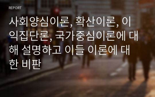 사회양심이론, 확산이론, 이익집단론, 국가중심이론에 대해 설명하고 이들 이론에 대한 비판