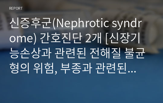 신증후군(Nephrotic syndrome) 간호진단 2개 [신장기능손상과 관련된 전해질 불균형의 위험, 부종과 관련된 피부통합성 장애 위험성]