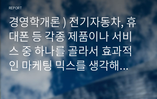 경영학개론 ) 전기자동차 휴대폰 등 각종 제품 서비스 중 하나를 골라서 효과적인 마케팅 믹스를 생각