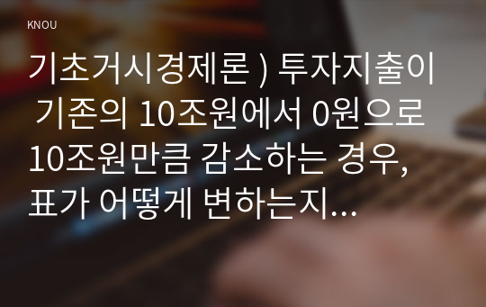 기초거시경제론 ) 투자지출이 기존의 10조원에서 0원으로 10조원만큼 감소하는 경우, 표가 어떻게 변하는지 새로운 표를 작성하여 나타내시오. 이 때 균형 GDP와 승수