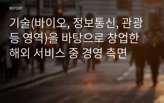 기술(바이오, 정보통신, 관광 등 영역)을 바탕으로 창업한 해외 서비스 중 경영 측면