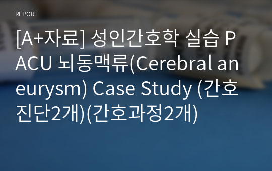 [A+자료] 성인간호학 실습 PACU 뇌동맥류(Cerebral aneurysm) Case Study (간호진단2개)(간호과정2개)