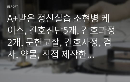 A+받은 정신실습 조현병 케이스, 간호진단5개, 간호과정2개, 문헌고찰, 간호사정, 검사, 약물, 직접 제작한 교육자료 포함