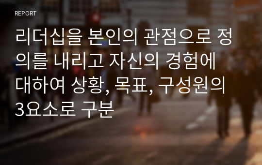 리더십을 본인의 관점으로 정의를 내리고 자신의 경험에 대하여 상황, 목표, 구성원의 3요소로 구분