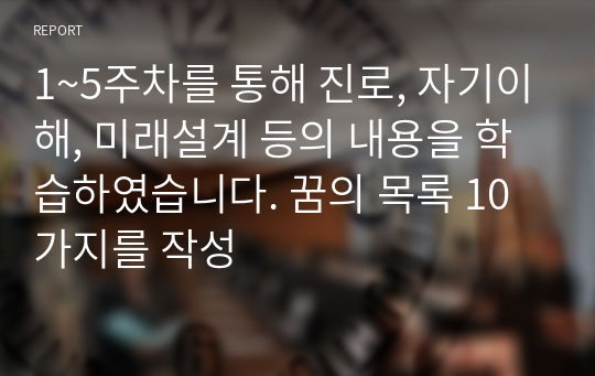 1~5주차를 통해 진로, 자기이해, 미래설계 등의 내용을 학습하였습니다. 꿈의 목록 10가지를 작성