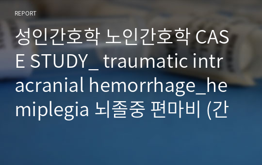 성인간호학 노인간호학 CASE STUDY_ traumatic intracranial hemorrhage_hemiplegia 뇌졸중 편마비 (간호진단 3개, 과정 2개 신체 기동성 장애, 만성 혼돈, 가족 기능 장애) A+ 보장, 간호과정 꼼꼼함 교수님 피드백 후 최종 제출안