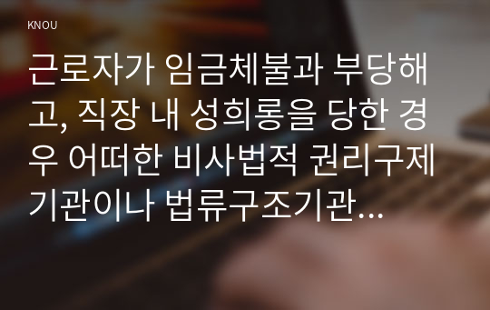 근로자가 임금체불과 부당해고, 직장 내 성희롱을 당한 경우 어떠한 비사법적 권리구제기관이나 법류구조기관을 활용할 수 있는지에 관하여 간략히 서술하시오.