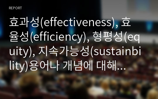 효과성(effectiveness), 효율성(efficiency), 형평성(equity), 지속가능성(sustainbility)용어나 개념에 대해 간단히 설명하시오.