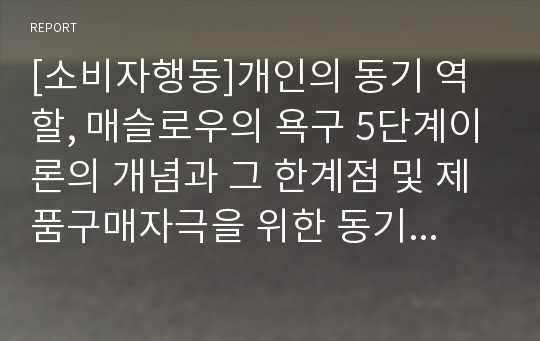 [소비자행동]개인의 동기 역할, 매슬로우의 욕구 5단계이론의 개념과 그 한계점 및 제품구매자극을 위한 동기이론의 적용가능성, 동기컨플릭트의 유형과 개인적 구매경험