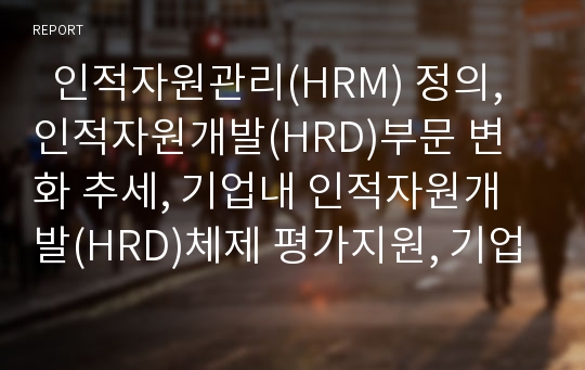   인적자원관리(HRM) 정의, 인적자원개발(HRD)부문 변화 추세, 기업내 인적자원개발(HRD)체제 평가지원, 기업과 노동조합 주도 인적자원개발(HRD), 산업별 인적자원개발(HRD) 시스템 구축방안, 인적자원개발(HRD) 과제