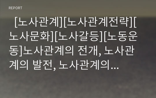   [노사관계][노사관계전략][노사문화][노사갈등][노동운동]노사관계의 전개, 노사관계의 발전, 노사관계의 필요성, 노사관계의 경쟁력, 노사관계의 전략 과제, 향후 노사관계의 발전 방향 분석(노사관계 전략 사례)