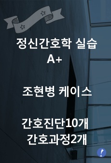 정신간호학 실습 A+ 받은 조현병 케이스, 문헌고찰, 간호진단10개 간호과정2개 아주 자세함 (케이스스터디)