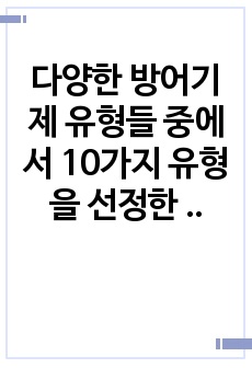 다양한 방어기제 유형들 중에서 10가지 유형을 선정한 후, 각 유형에 해당하는 사례를 각각 3가지씩 제시하시오. 수업 및 교안에서 제시한 사례는 제외하고 제시해야 하며, 지나치게 요약된 사례를 제시하기보다는 각 사례..