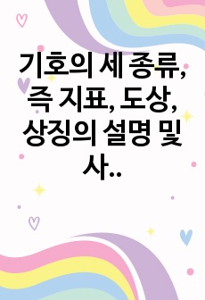 기호의 세 종류, 즉 지표, 도상, 상징의 설명 및 사례, 외연적 의미와 함축적 의미, 그리고 신화와 이데올로기의 설명 및 사례