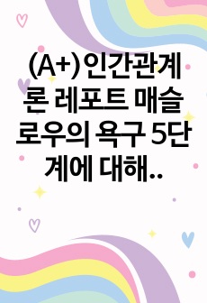 (A+)인간관계론 레포트 매슬로우의 욕구 5단계에 대해 학습하였습니다. 개인행동은 일반적으로 특정 시점에서 가장 강한 욕구에 의해서 결정된다고 매슬로우는 정의하였습니다. 매슬로우의 욕구이론을 본인의 상황에 맞게 설명..