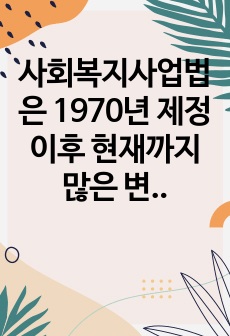 사회복지사업법은 1970년 제정 이후 현재까지 많은 변화의 과정을 거쳐 왔다. 일명 도가니법이라고 하는 2012년 개정된 법은 기존 사회복지법인으로서 민간전달체계의 법적 의무와 원칙을 강화한 개정의 성격이 강하다. ..