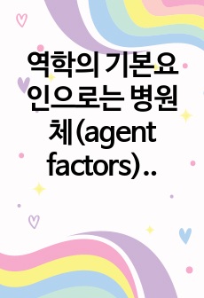 역학의 기본요인으로는 병원체(agent factors), 숙주(hpst factors) 및 환경(environmmental factors)의 3가지가 있다. 이 3가지 요소를 중심으로 전염병의 유행은 다양한 요인에 ..